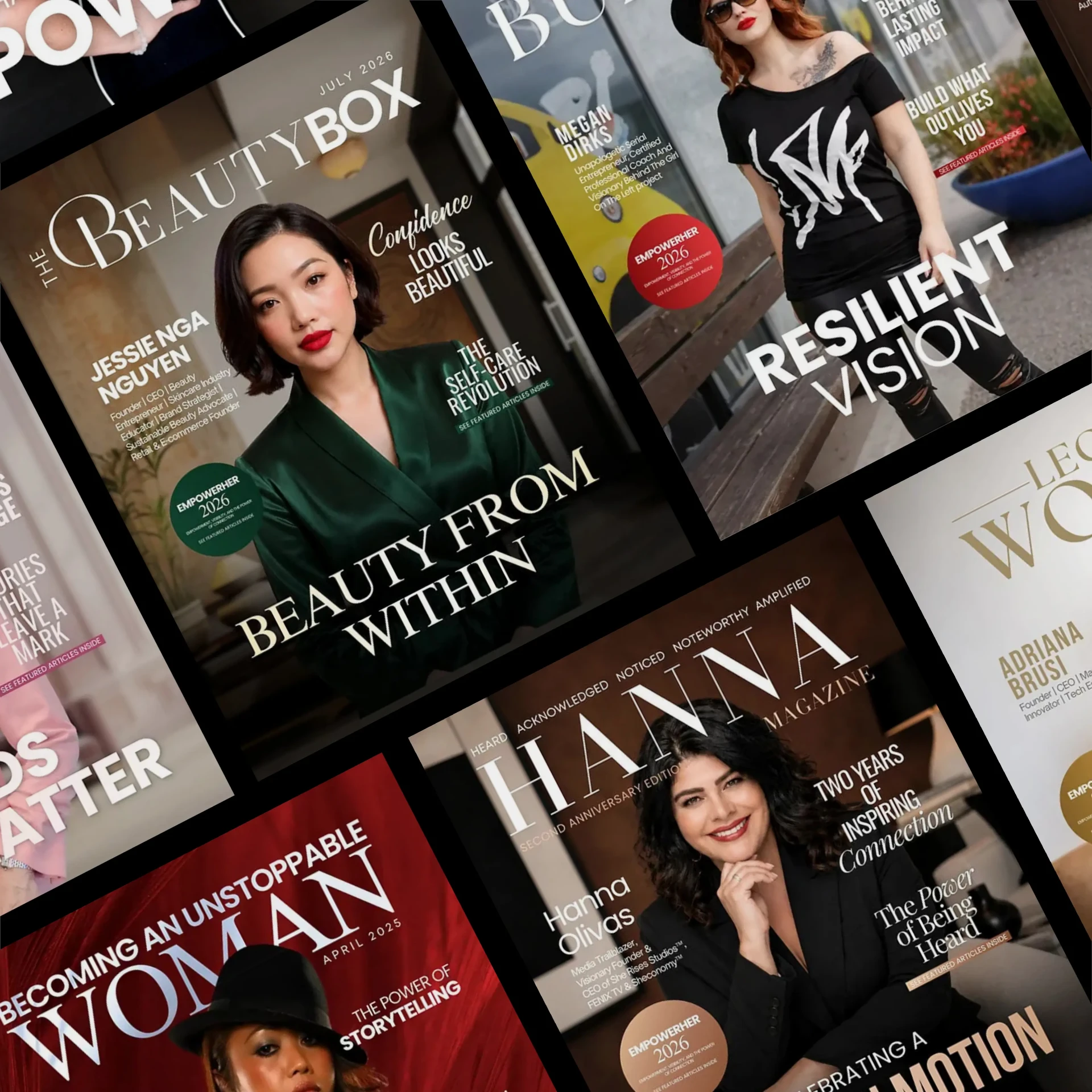 Printed magazine covers featuring published clients