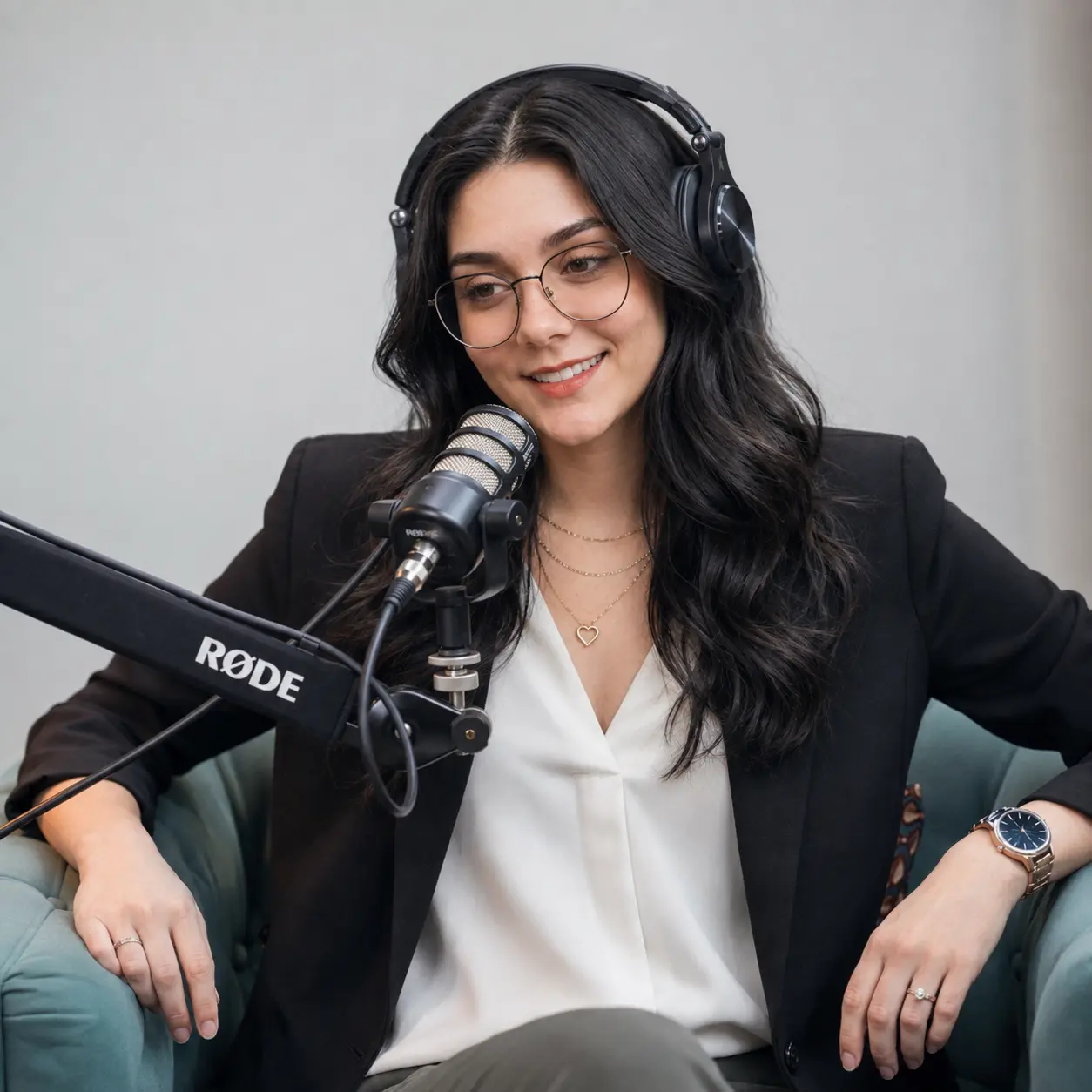 Podcast guest speaking into a studio microphone with headphones