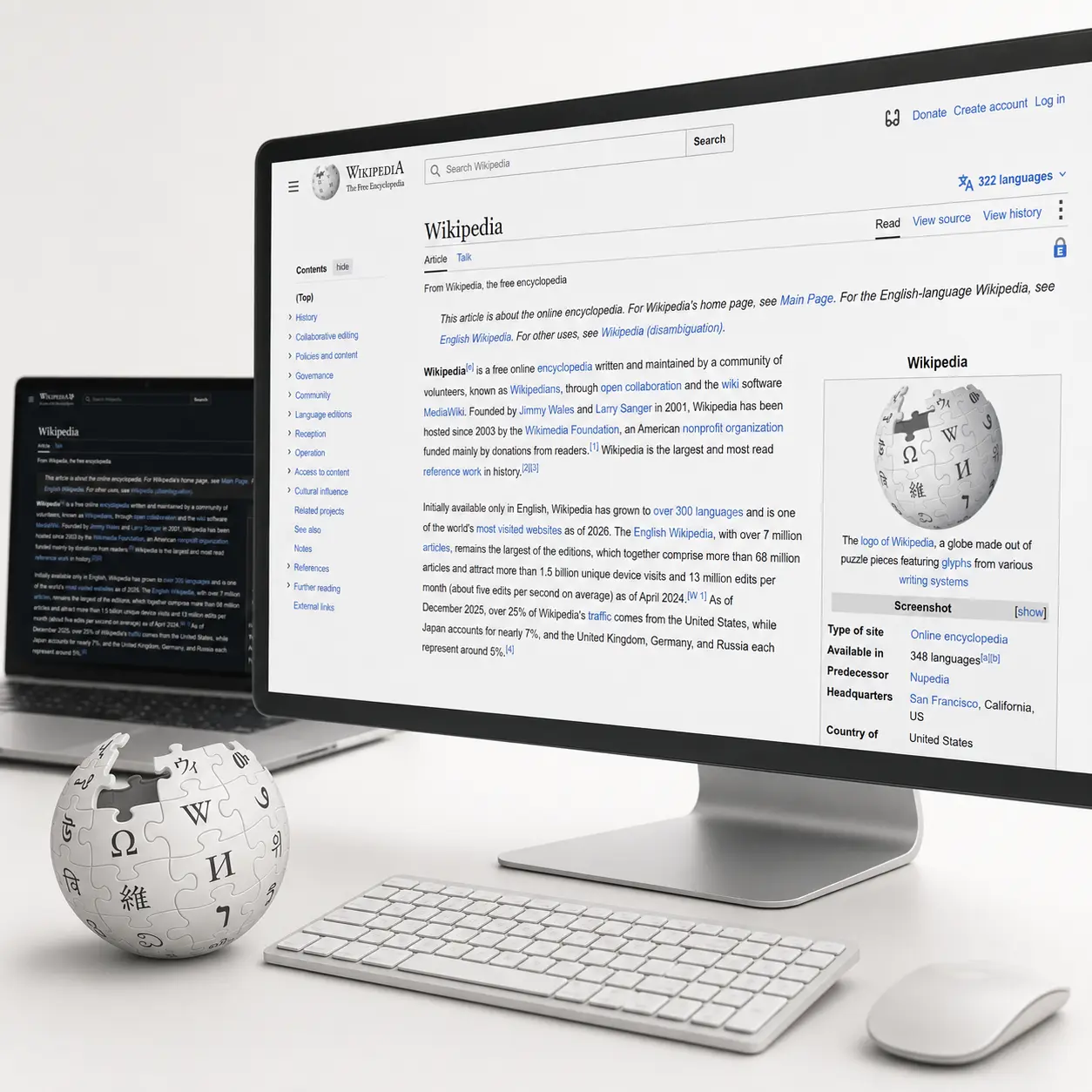 Wikipedia article displayed on a desktop monitor in a bright office