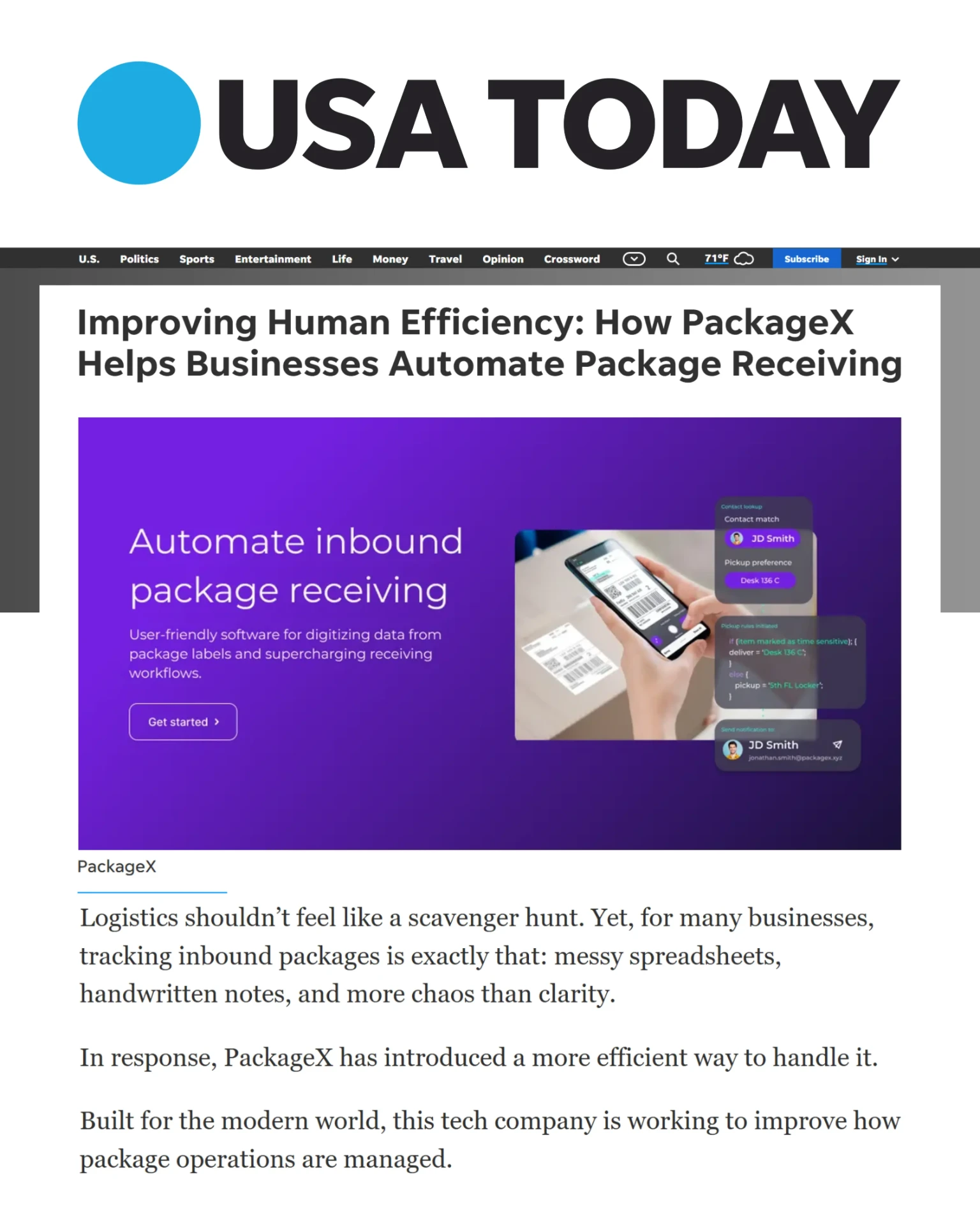 PackageX article published by USA Today
