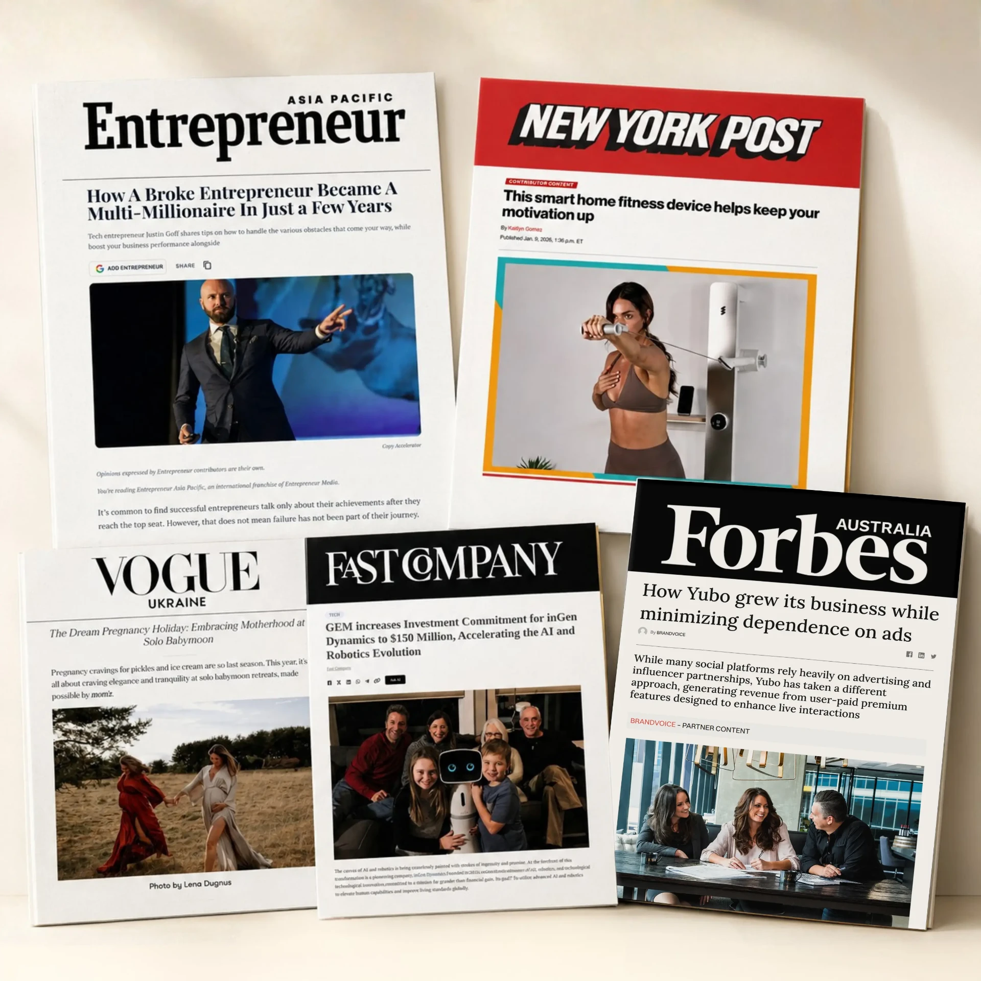 Printed feature articles from top-tier publications